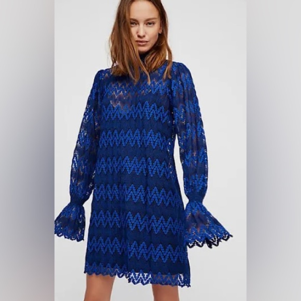 Free People, size large beautiful blue & black dress. Long bell sleeve